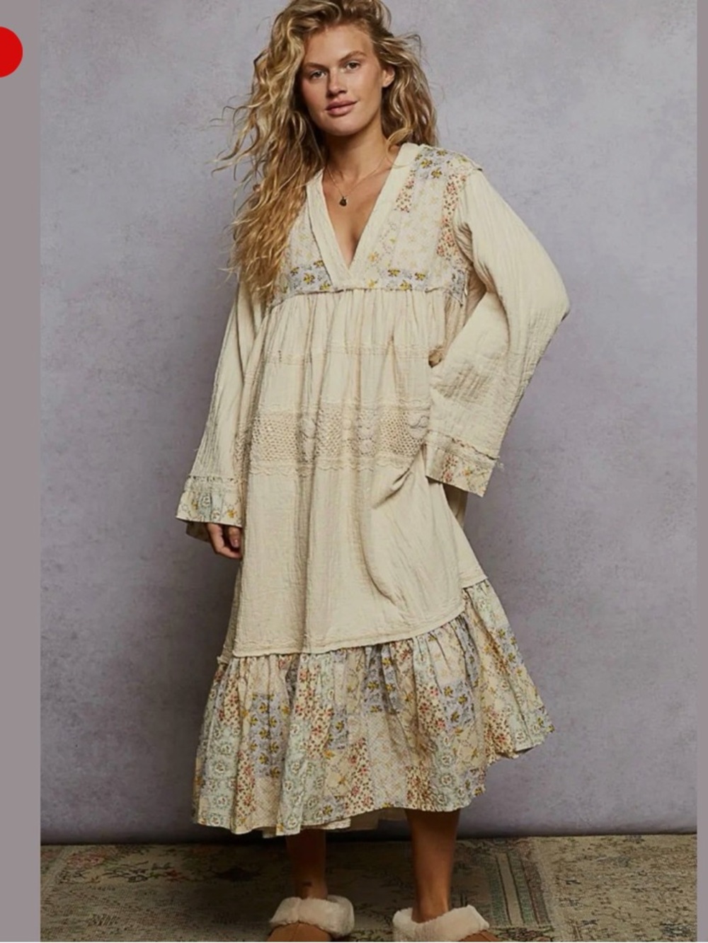 POL Ivory Boho Patchwork Midi Dress with Floral Ruffle